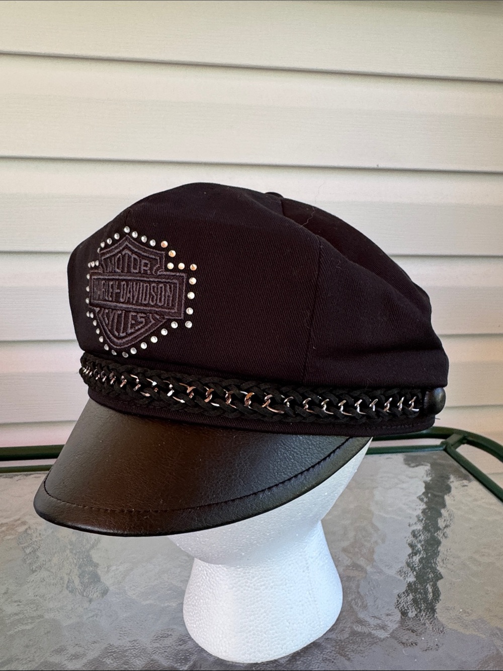 Harley-Davidson Black Studded Biker  Cap with Chain Trim Size L NEW WITH TAGS